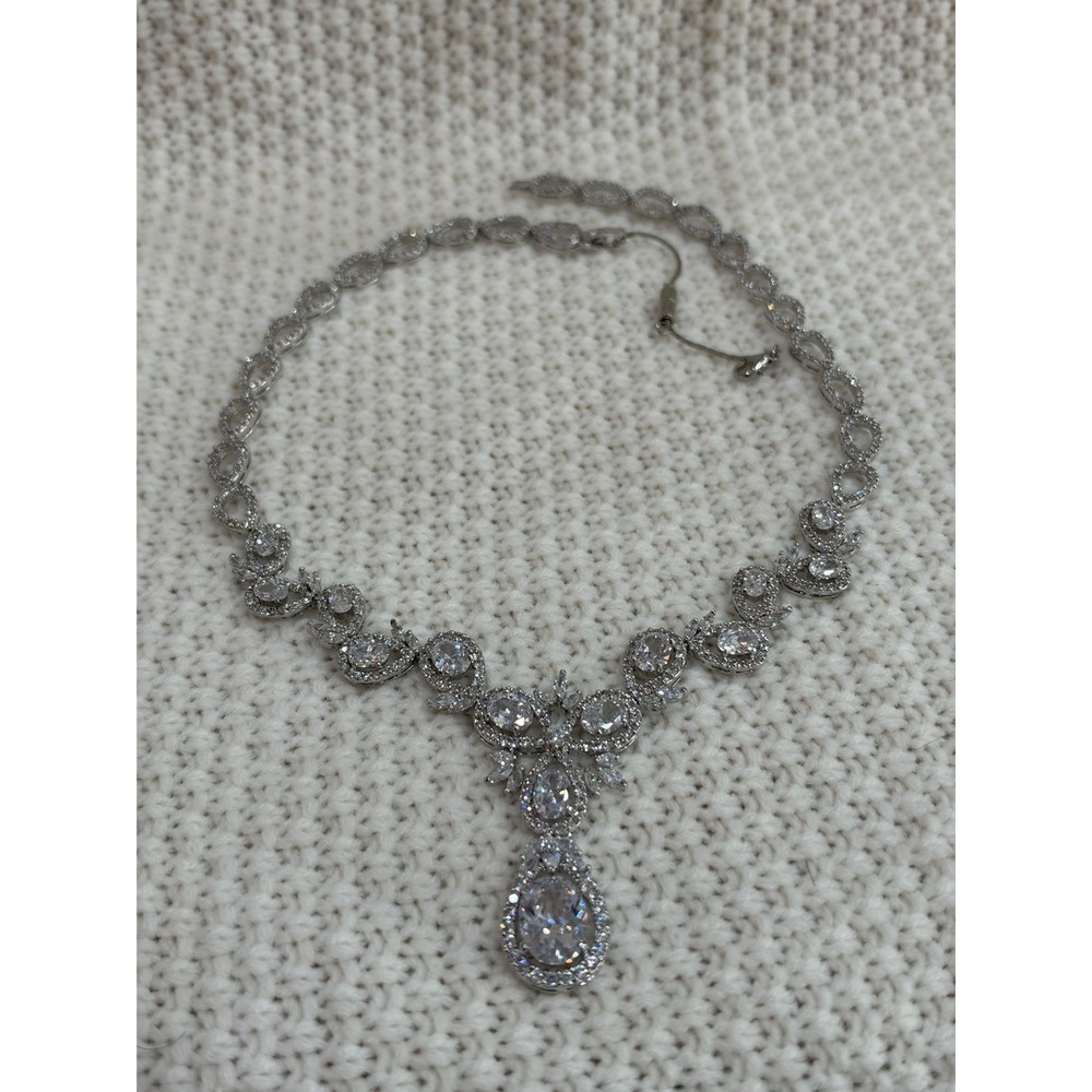 Silver Tone Clear Rhinestone Teardrop Y-Drop Statement Necklace Formal Bridal